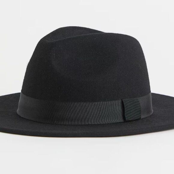 H&M Black Felted Wool Fedora Hat Size Large/58 Ribbon Band Chic - Picture 2 of 8